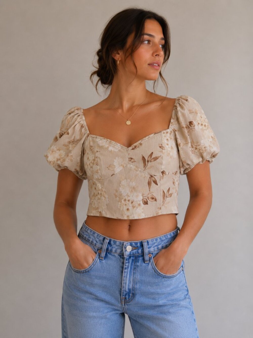 House of Harlow 1960 Floral Linen Blend Puff Sleeve Crop Top Size 6